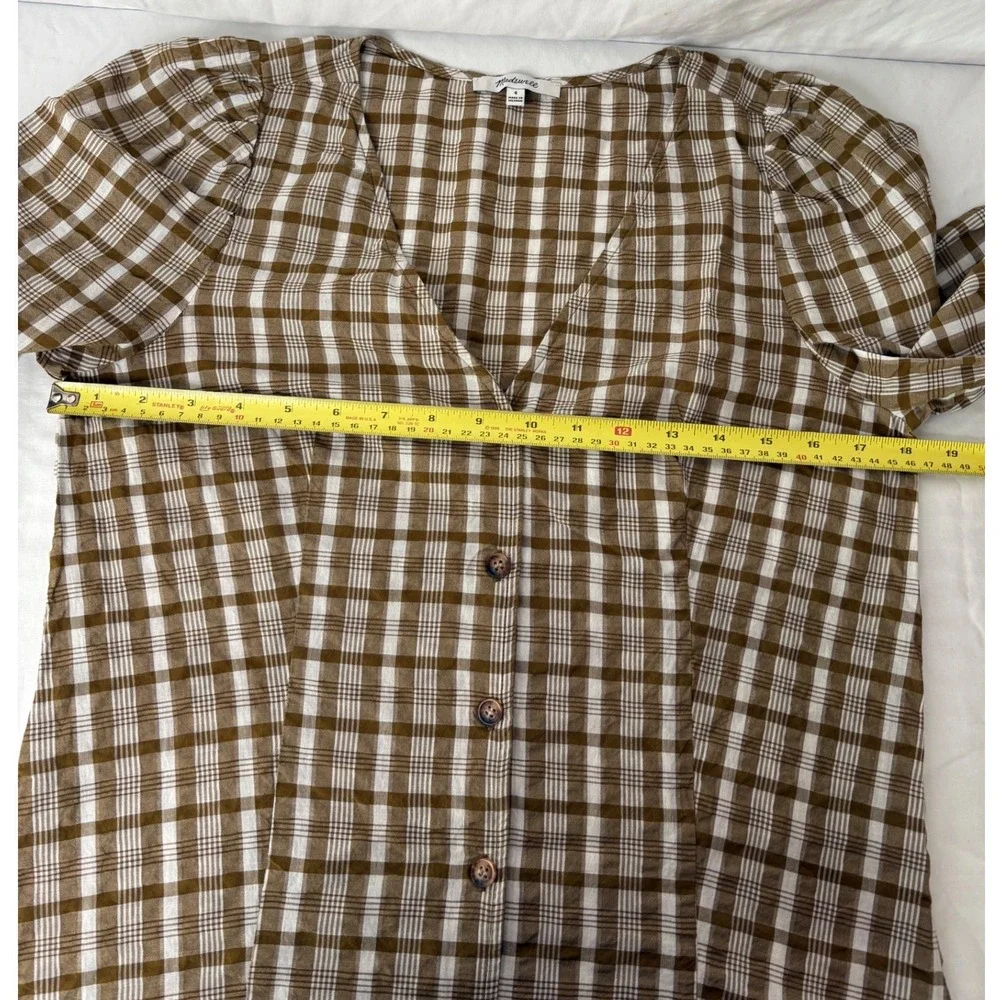 Madewell Plaid Puff Sleeve V Neck Button Front‎ Blouse Top Size 4 Brown White